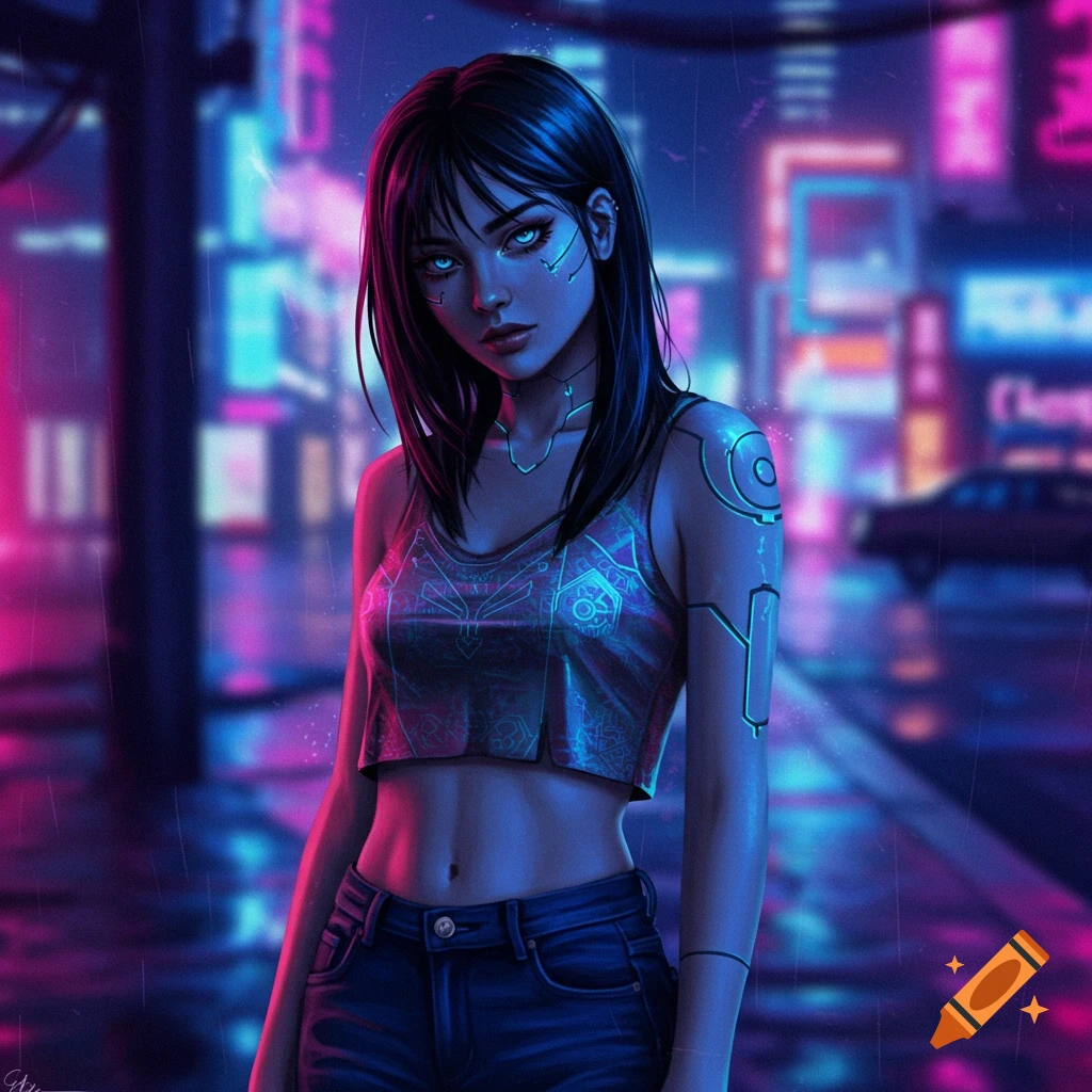 A woman with cybernetic implants in a neon cyberpunk city.