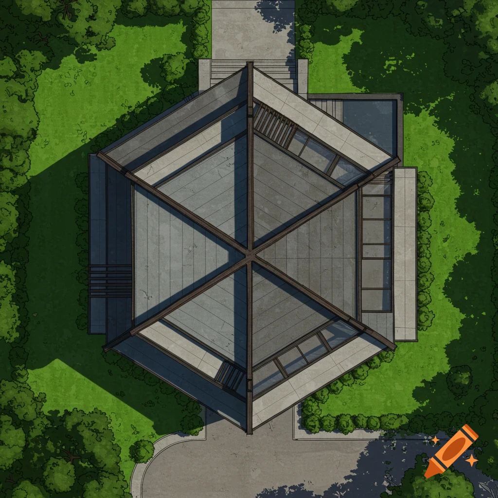 A top-down view of a modern, hexagonal house surrounded by trees and grass.