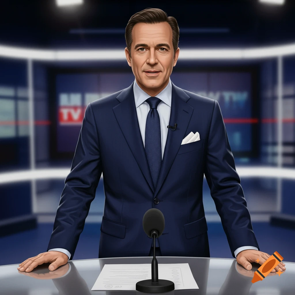 A man in a suit stands at a desk with a microphone in a TV studio.