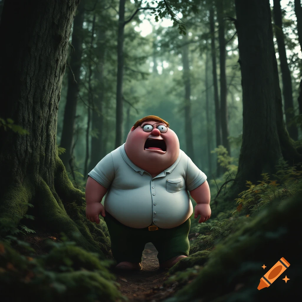Peter Griffin looks scared in a dark, creepy forest