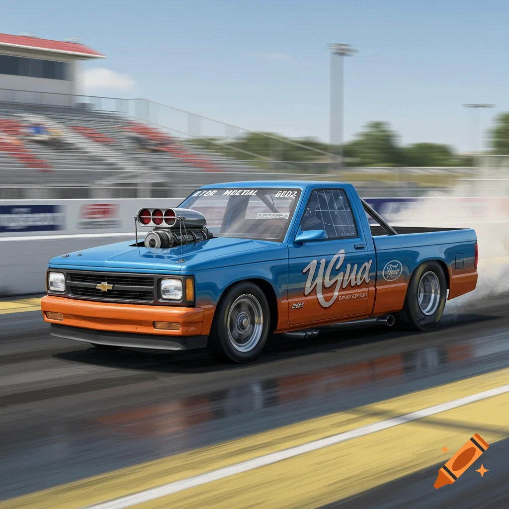 A blue and orange drag racing truck speeds down a track, kicking up smoke.
