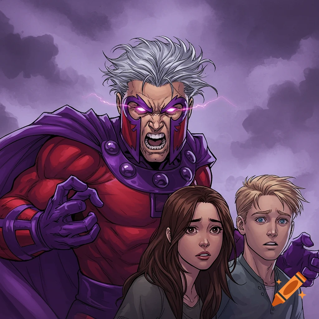 An angry Magneto looming over a scared young woman and man.