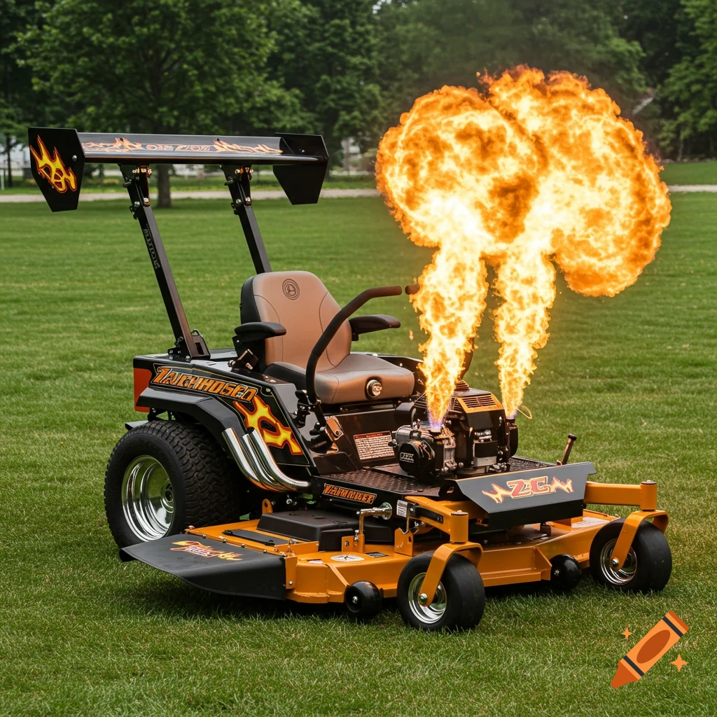Photorealistic image of a custom orange and black zero-turn lawn mower with a large spoiler and flames shooting from the exhaust.