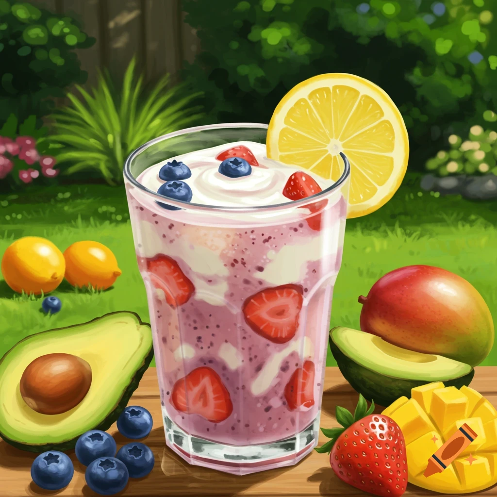 A smoothie with fruit in a backyard