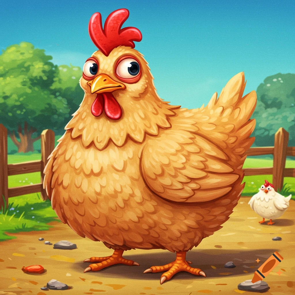A cartoon chicken stands on a farm path with a smaller chicken in the background.