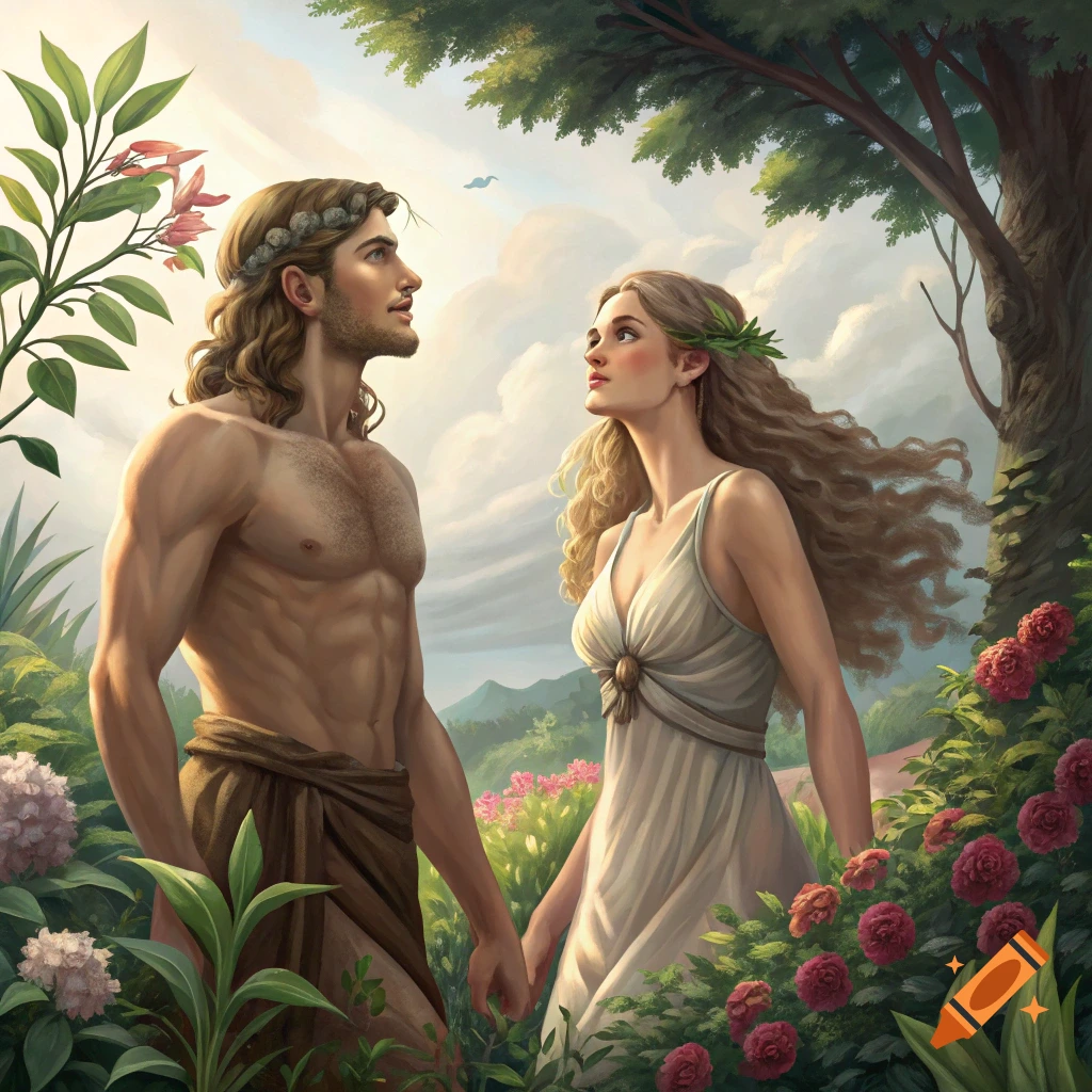 Biblical figures Adam and Eve in a lush garden, looking upwards, painted style.