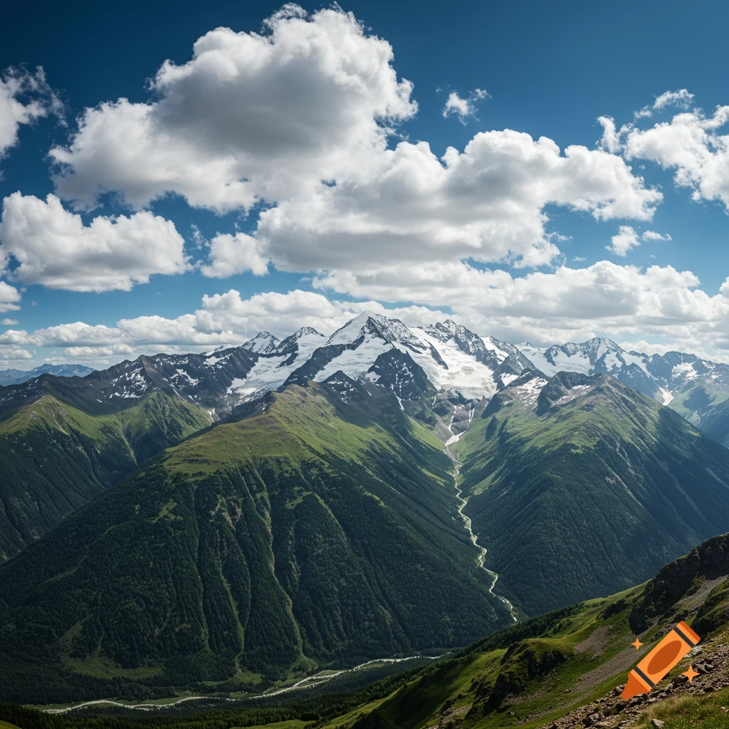 Photorealistic view of snow-capped mountains, green slopes, clouds, and a winding stream in a valley.