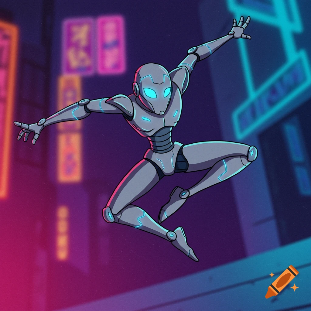 A sleek android robot leaps through a futuristic city street at night in a cartoon style.