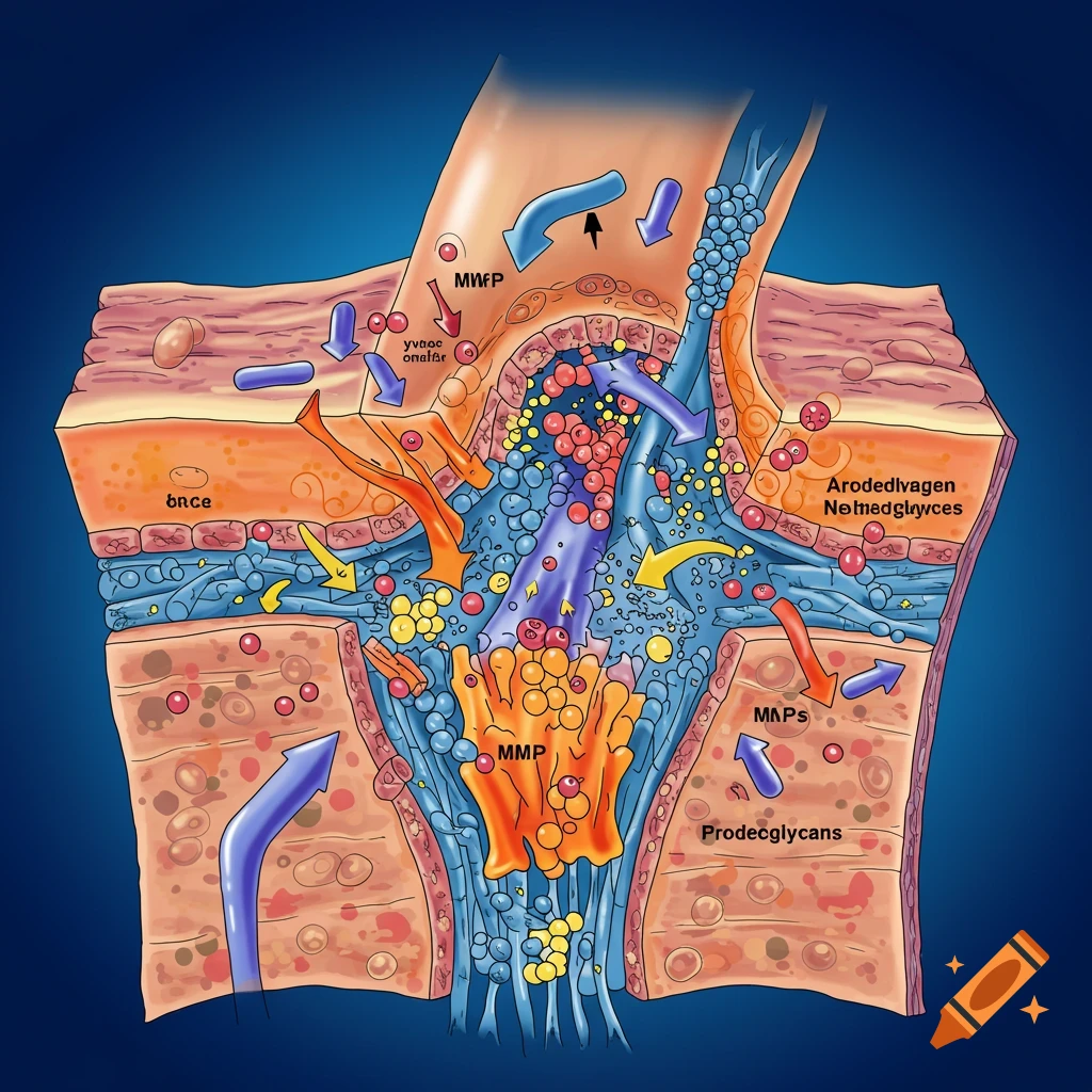 Digital illustration showing a biological diagram of cartilage extracellular matrix degradation with labeled components and arrows.