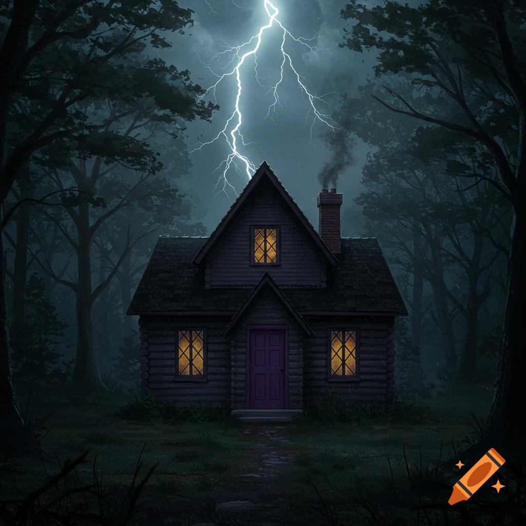 A gothic cabin sits in dark, spooky woods with lightning striking above.