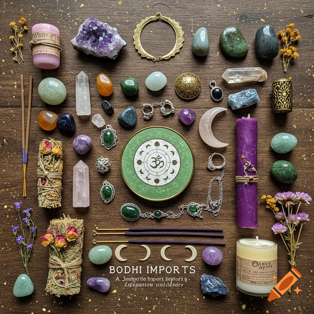 Flat lay of metaphysical items: crystals, incense, candles, silver jewelry, and dried flowers on a wooden surface.