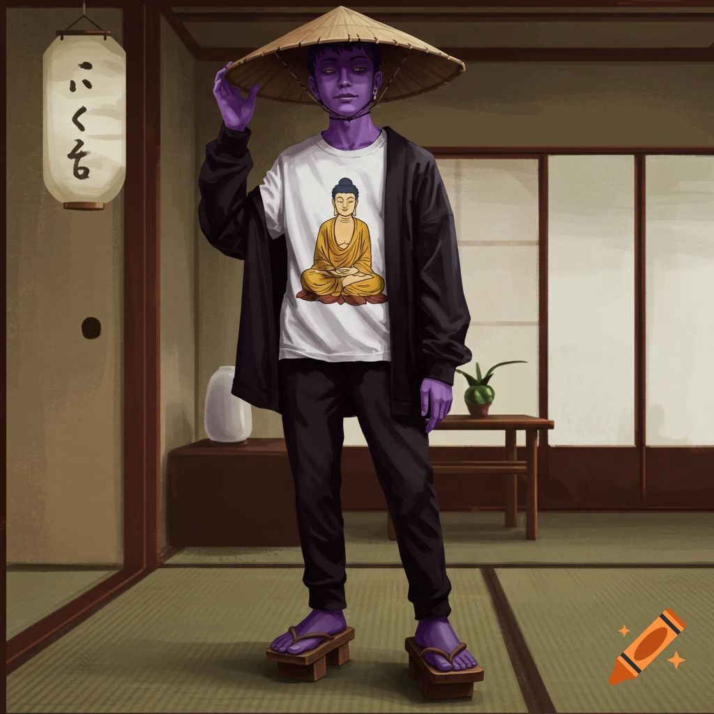 A young man with purple skin wearing a conical hat, black jacket, Buddha t-shirt, and geta sandals in a Japanese room.