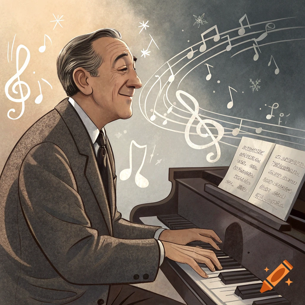 Illustration of a man playing piano with musical notes.