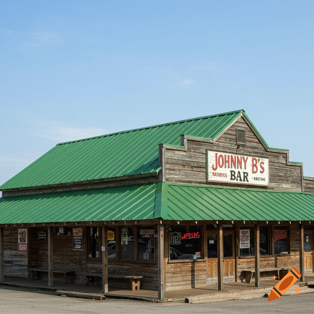 A rustic wooden building with a green metal roof has a sign that reads 'Johnny B's Bar'.