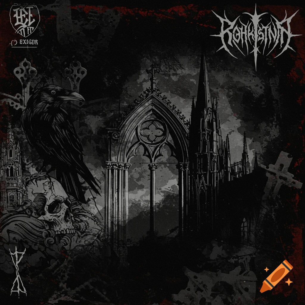 Gothic dark art cover with raven, skull, cathedral, and stylized text. Monochromatic, scanned, smudged style.