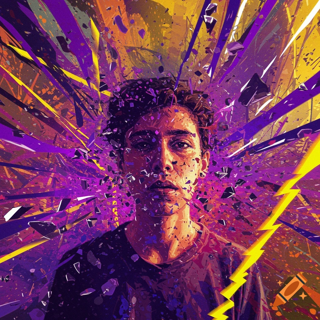 A person's face shattering into abstract purple and yellow shapes.