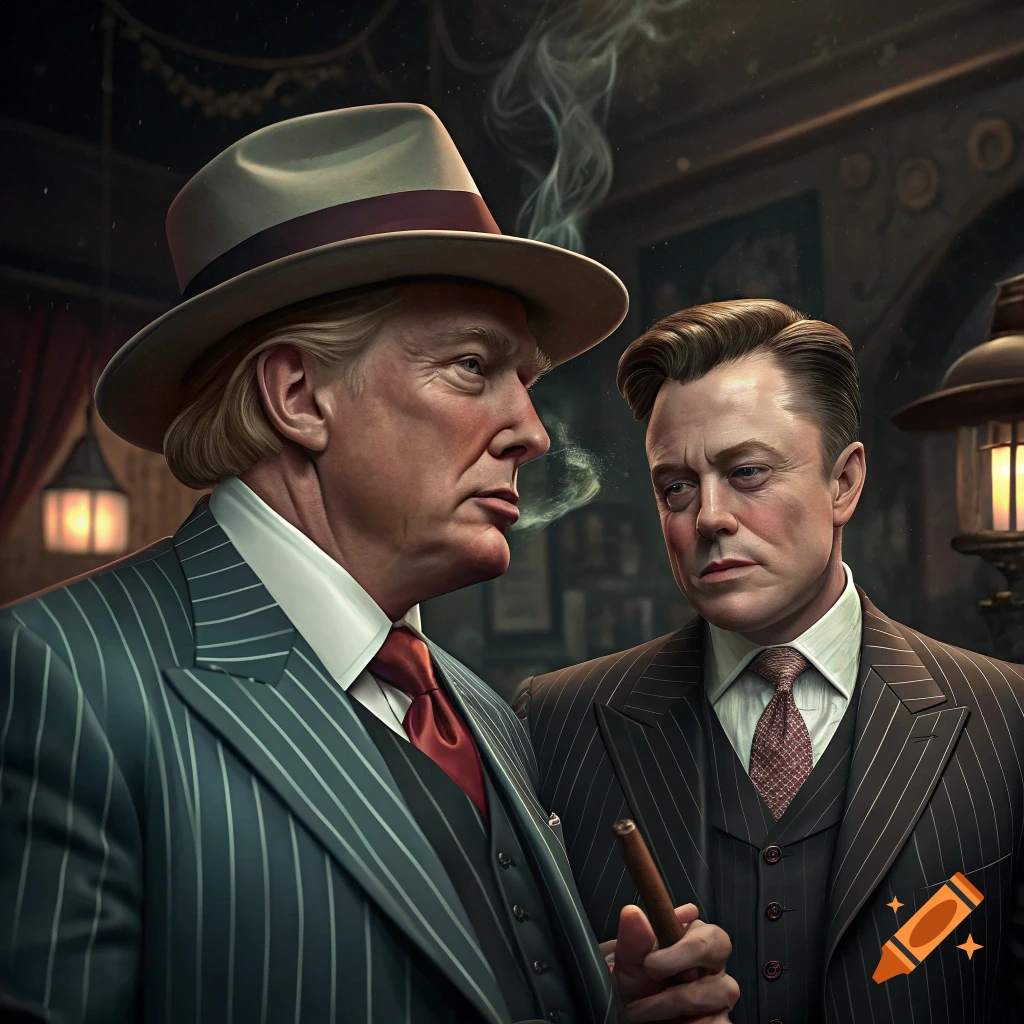 Two men resembling Donald Trump and Elon Musk dressed as 1930s gangsters, one holding a cigar.