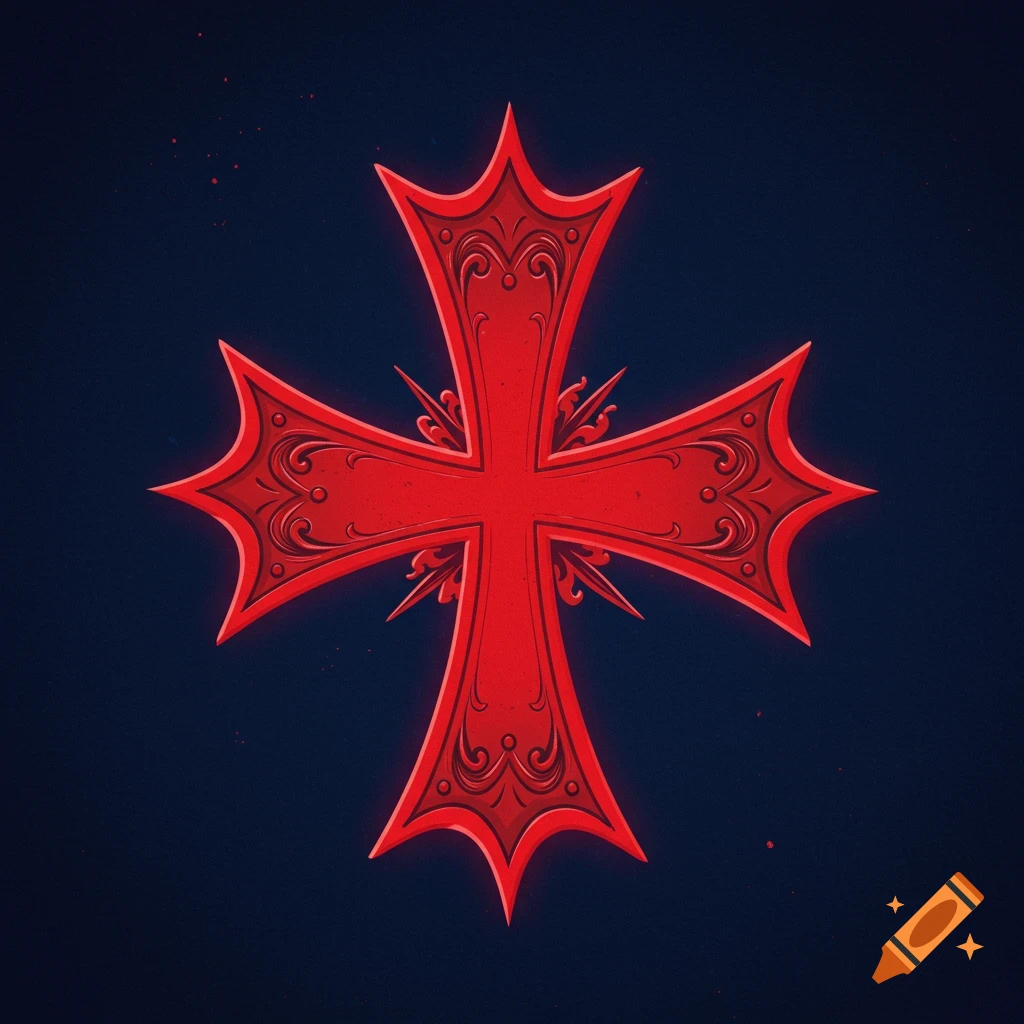 A red ornate Maltese cross on a dark background.