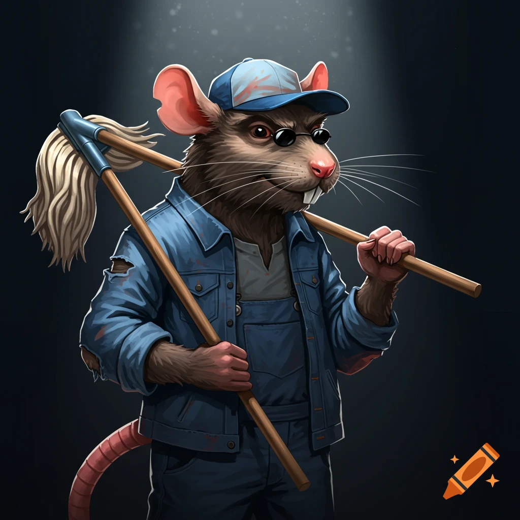 A cool rat janitor wearing sunglasses and a cap, holding a mop and broom.