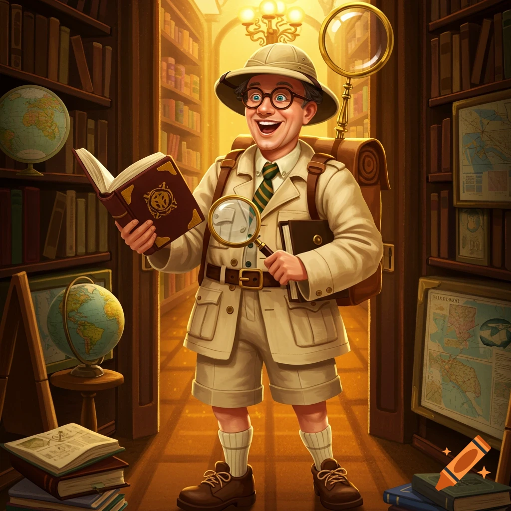 Smiling character in a safari outfit reading a book in a library, surrounded by books, globes, and maps.