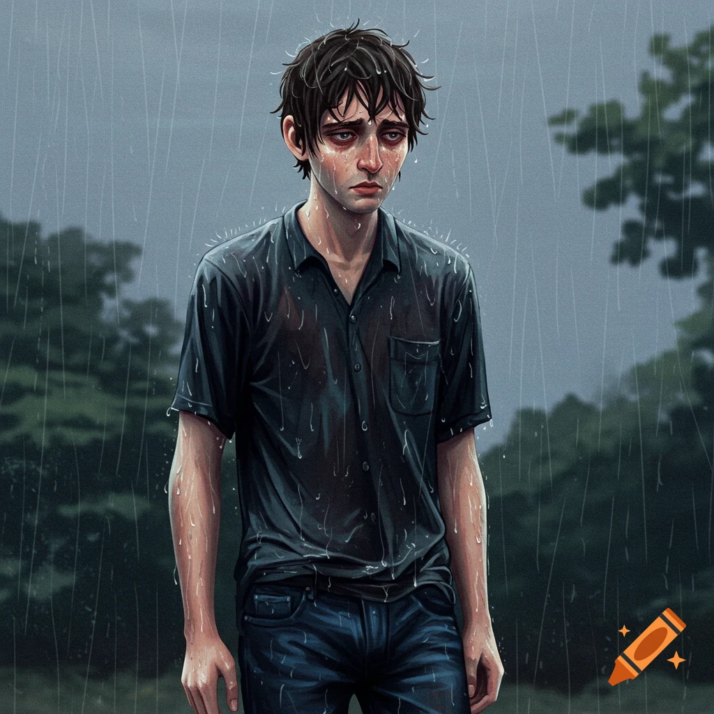 A sad young man stands in the rain.