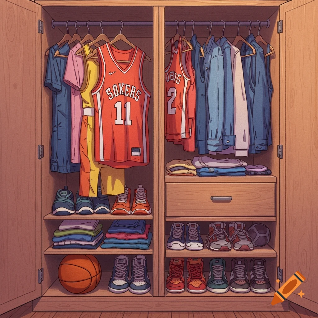 An open wooden closet is filled with clothes, shoes, basketballs, and sports gear.