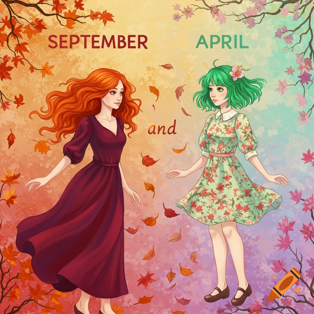 Illustration of girls representing September and April with seasonal backgrounds.