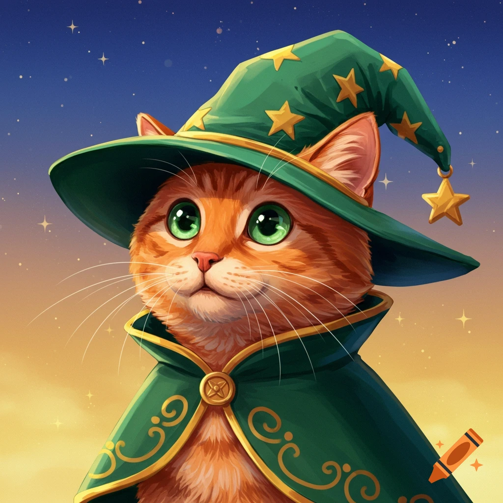 An orange cat wearing a green wizard hat and cloak.