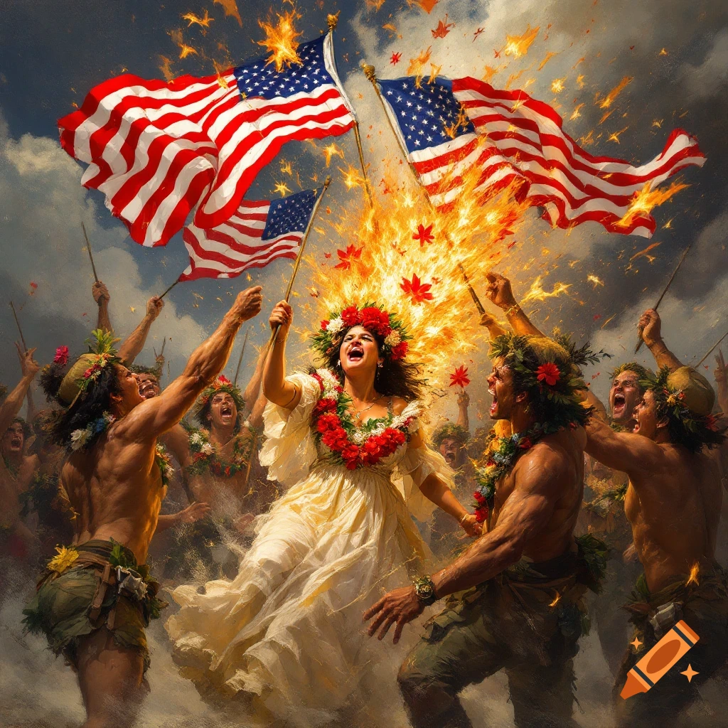 A group of people, some wearing Hawaiian attire, celebrating under American flags with fire and sparks.