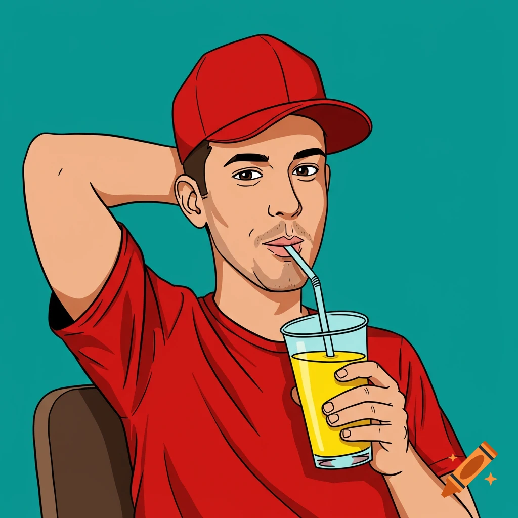 Digital illustration of a man in a red cap and t-shirt drinking a yellow drink with a straw.