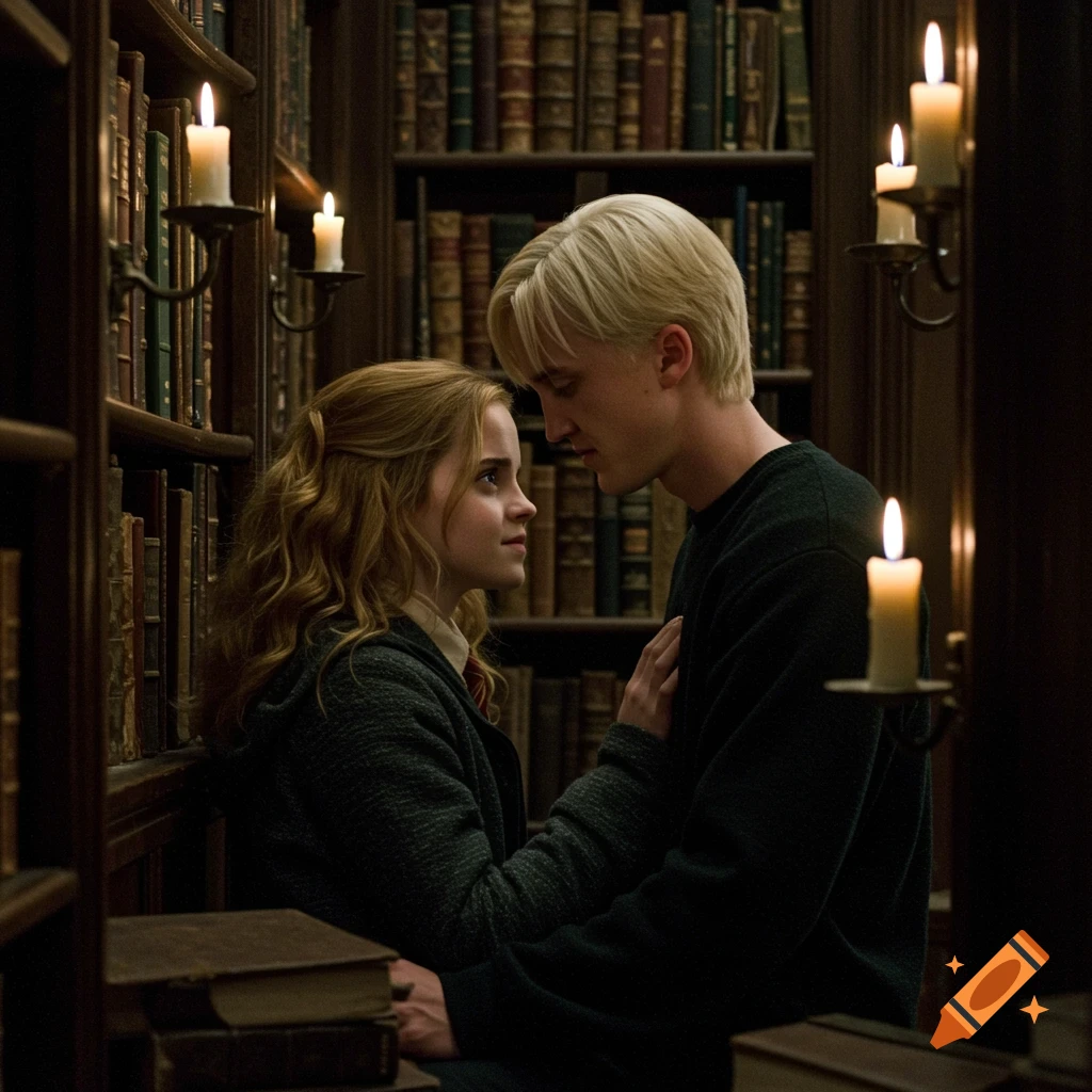 Two people lean close amongst bookshelves in a dimly lit library with flickering candles.