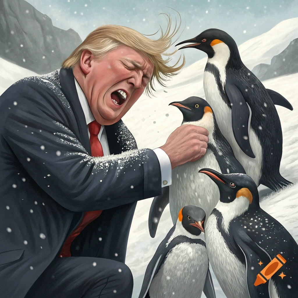 Donald Trump crying while being attacked by penguins in a snowy landscape.