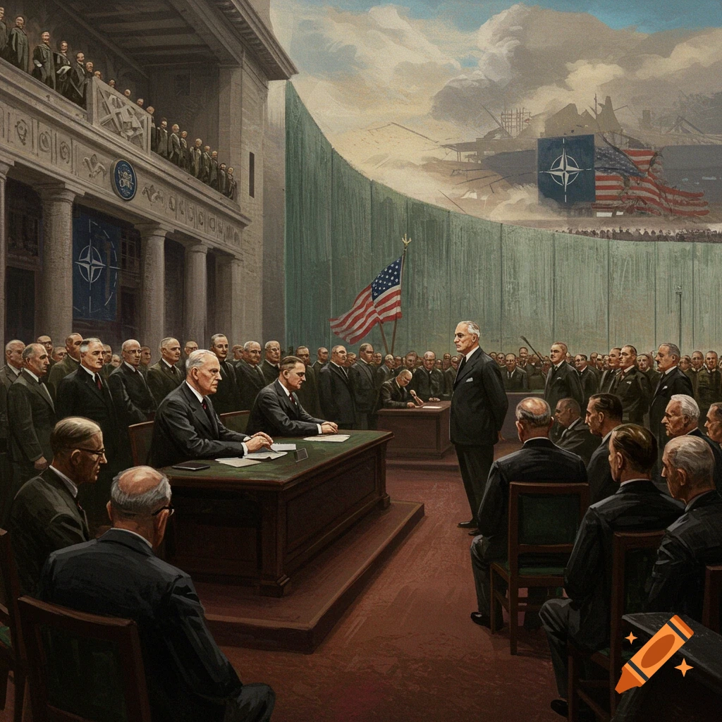A formal meeting of men in suits in a grand hall with flags and banners.