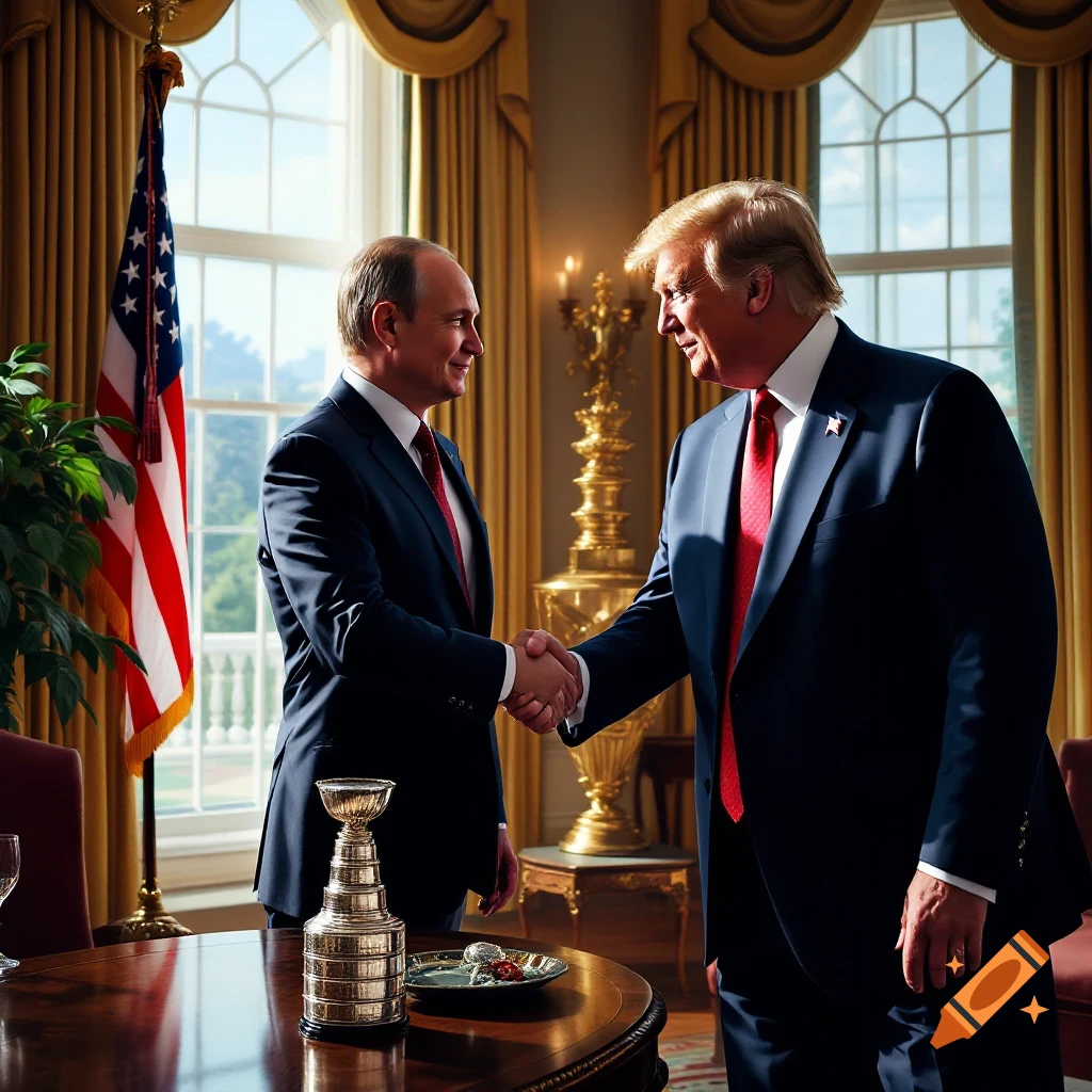 Photorealistic image of Trump and Putin shaking hands in the White House, with the Stanley Cup on a table.