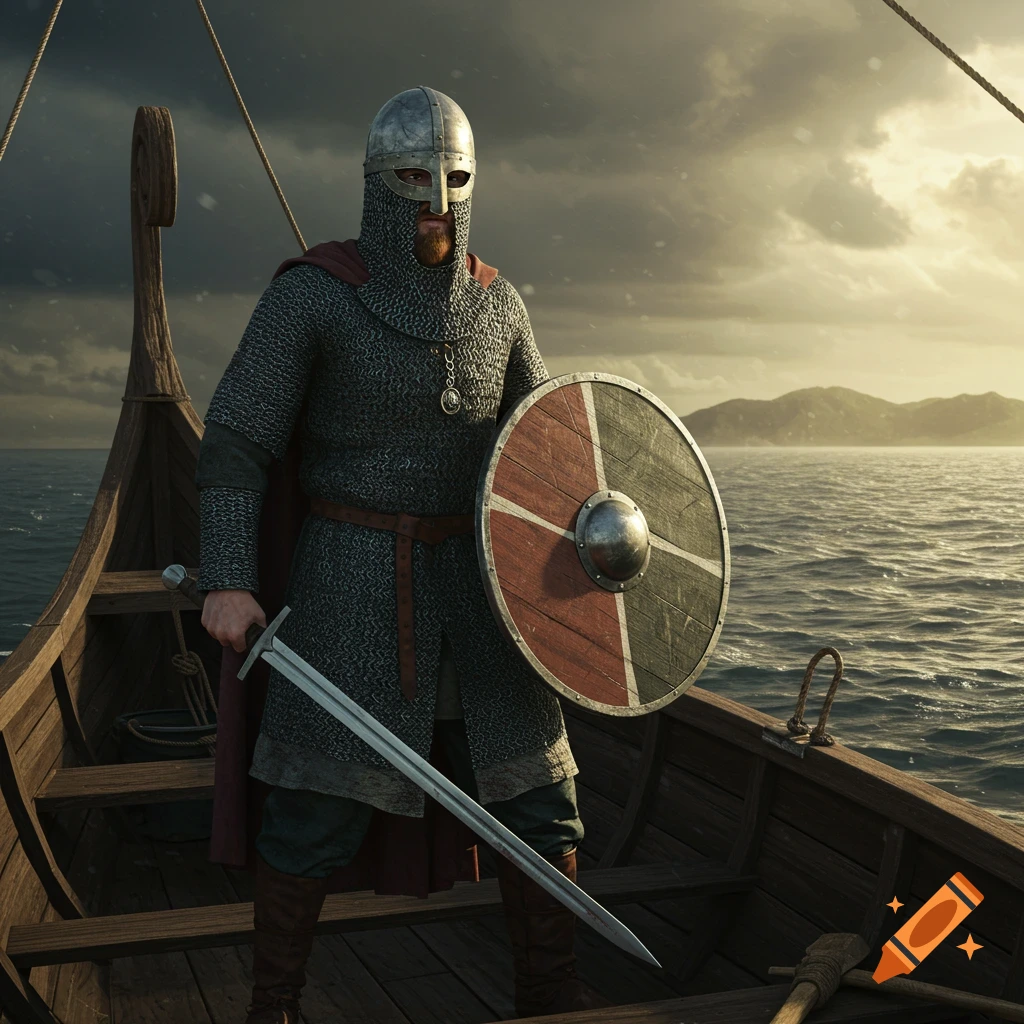 A warrior in chainmail armor and helmet stands on a longboat holding a shield and sword under a dramatic sky.