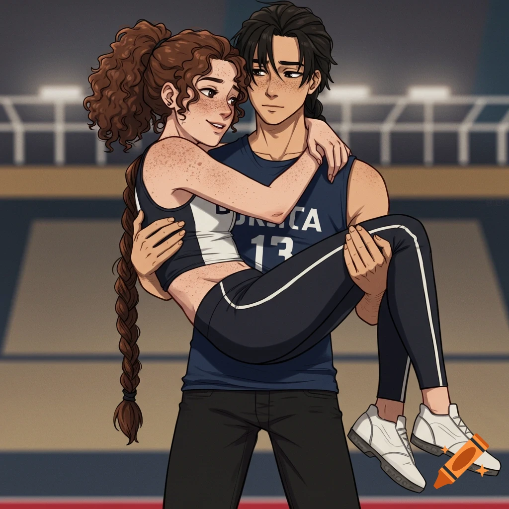 Anime style illustration of a man carrying a woman in athletic wear in a gym.