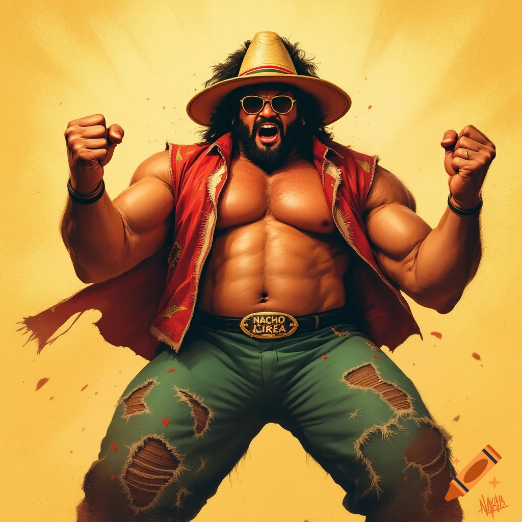 A muscular man dressed as Nacho Libre flexing his biceps.