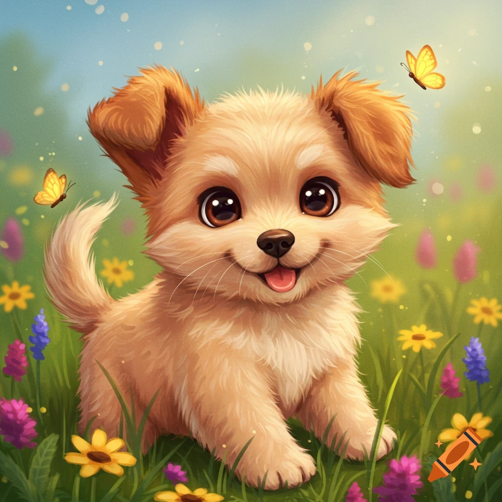 A cute puppy sits in a field of colorful flowers with butterflies.