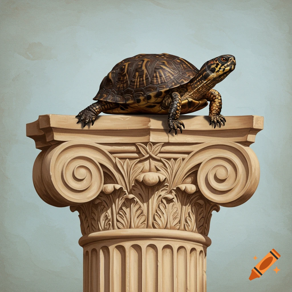 A box turtle on an Ionic column capital.