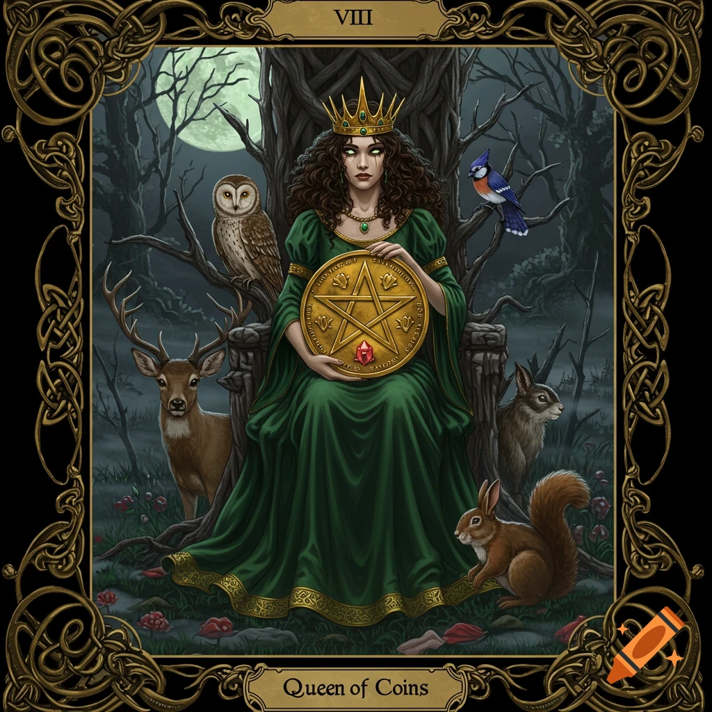 Fantasy tarot card illustration of a queen on a throne holding a pentacle coin, surrounded by animals in a dark forest.