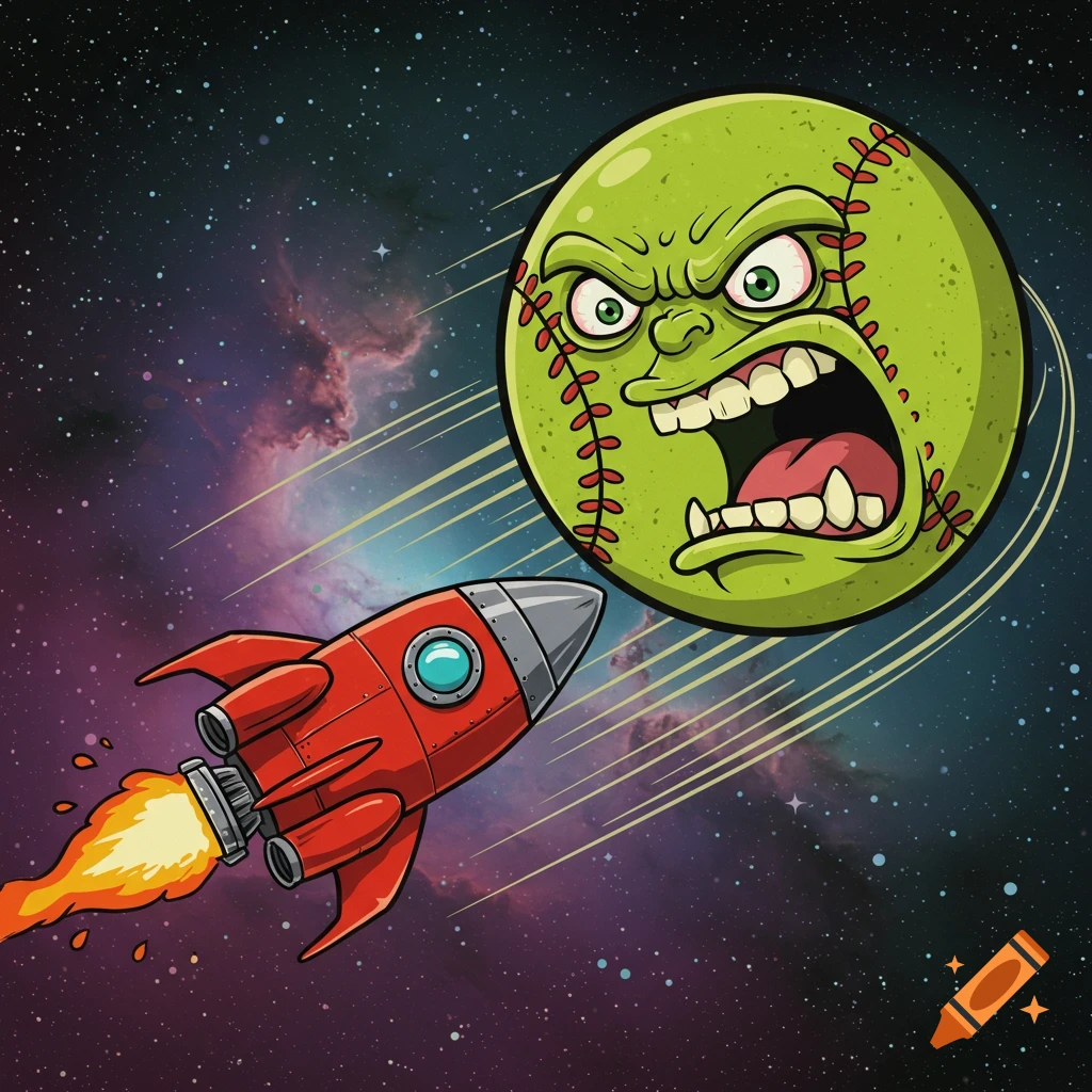 Cartoon softball character with an angry face orbits a red rocket ship in space.