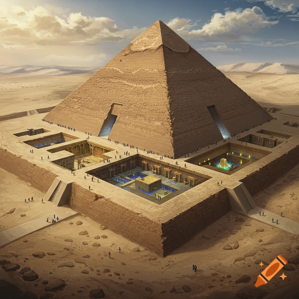 A large pyramid stands in a desert with excavated structures revealing hidden chambers and exploration.