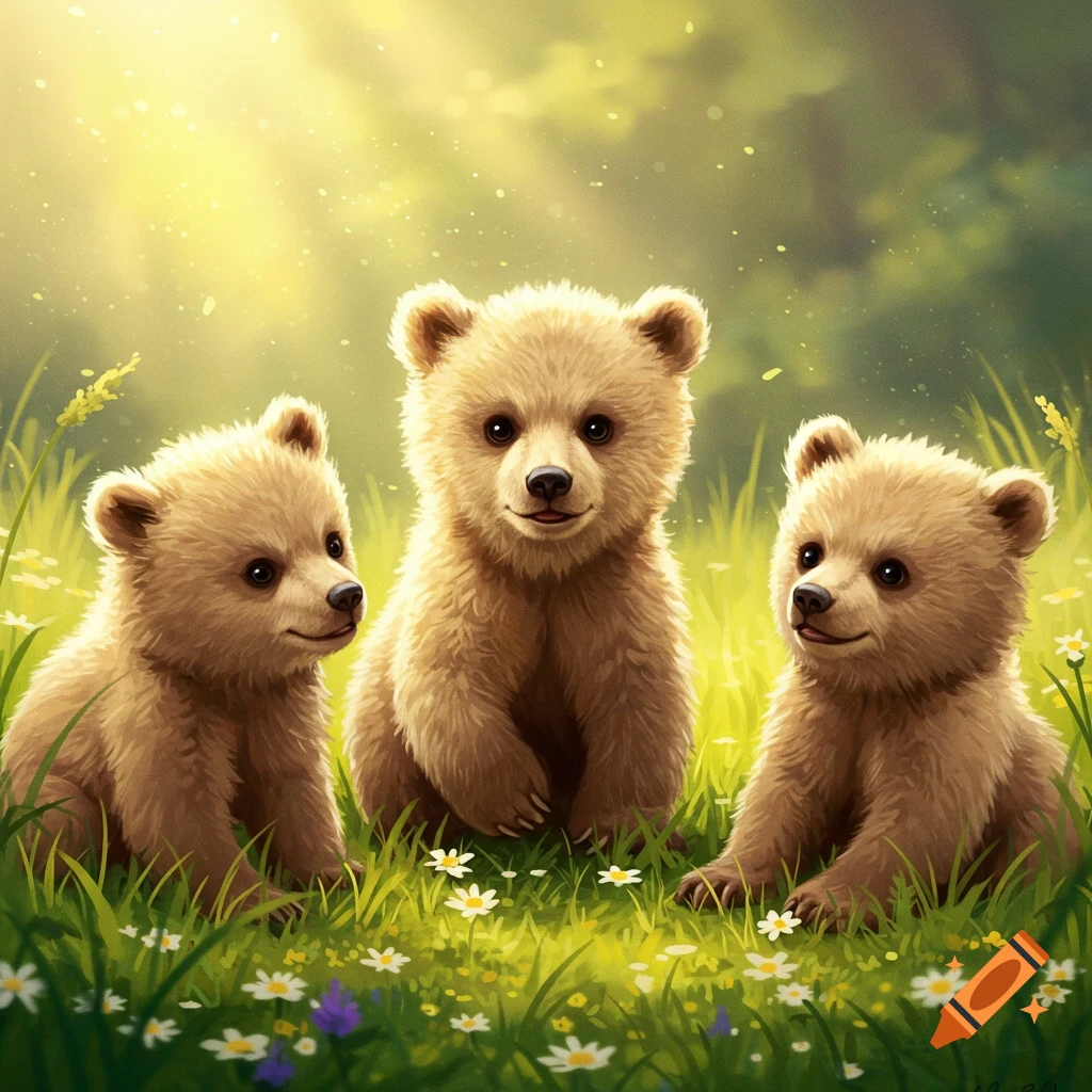Three fluffy bear cubs sitting in a sunny, grassy field with small white flowers.