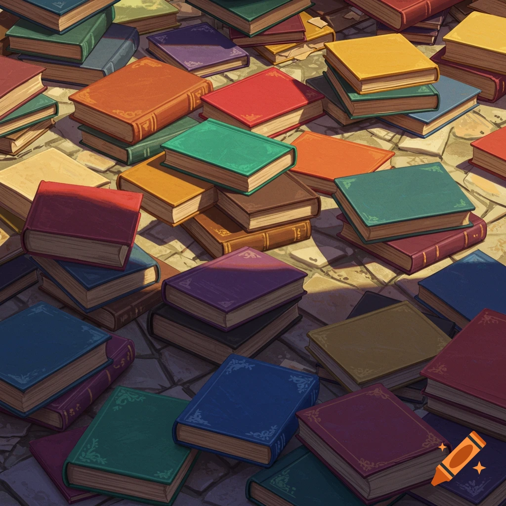 A pile of colorful books on a paved surface.