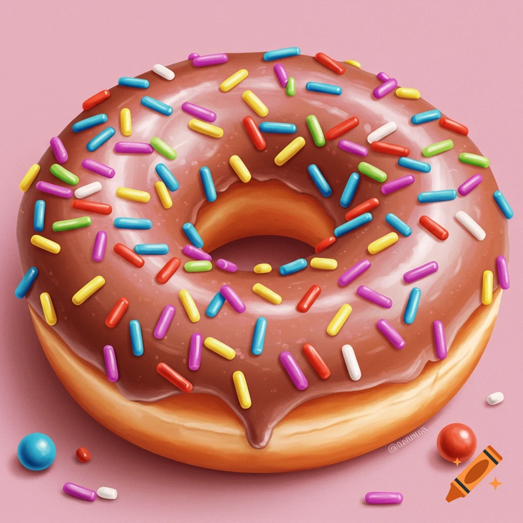 Chocolate-iced donut with colorful sprinkles on a pink background.