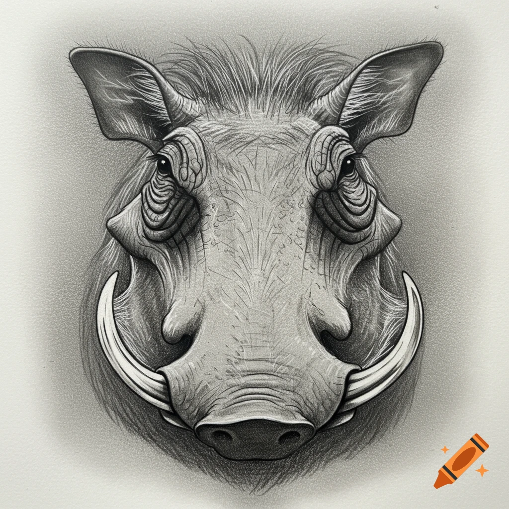 A detailed pencil drawing of a warthog's head facing forward.