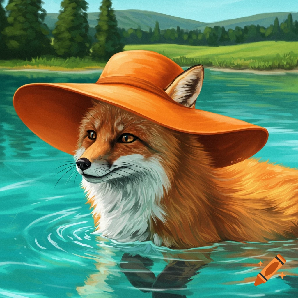 A fox in an orange hat is swimming in water