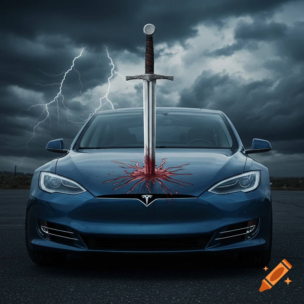 A blue Tesla car with a medieval sword piercing the hood, featuring a stylized red splash, under a stormy sky with lightning.