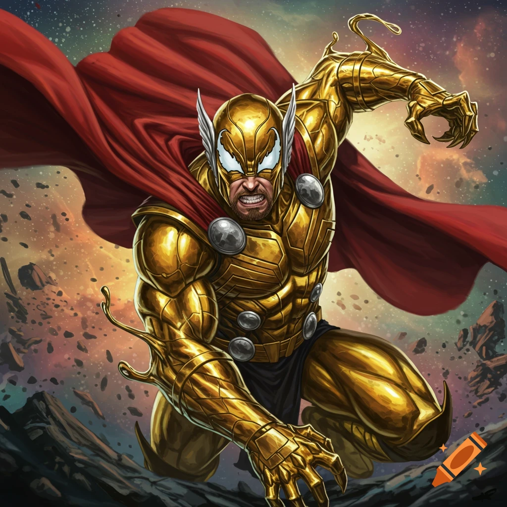 A gold-armored superhero with red cape and Venom features in a dynamic pose.