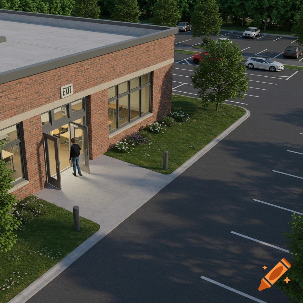 A person walks through glass doors exiting a brick building into a parking lot with trees.